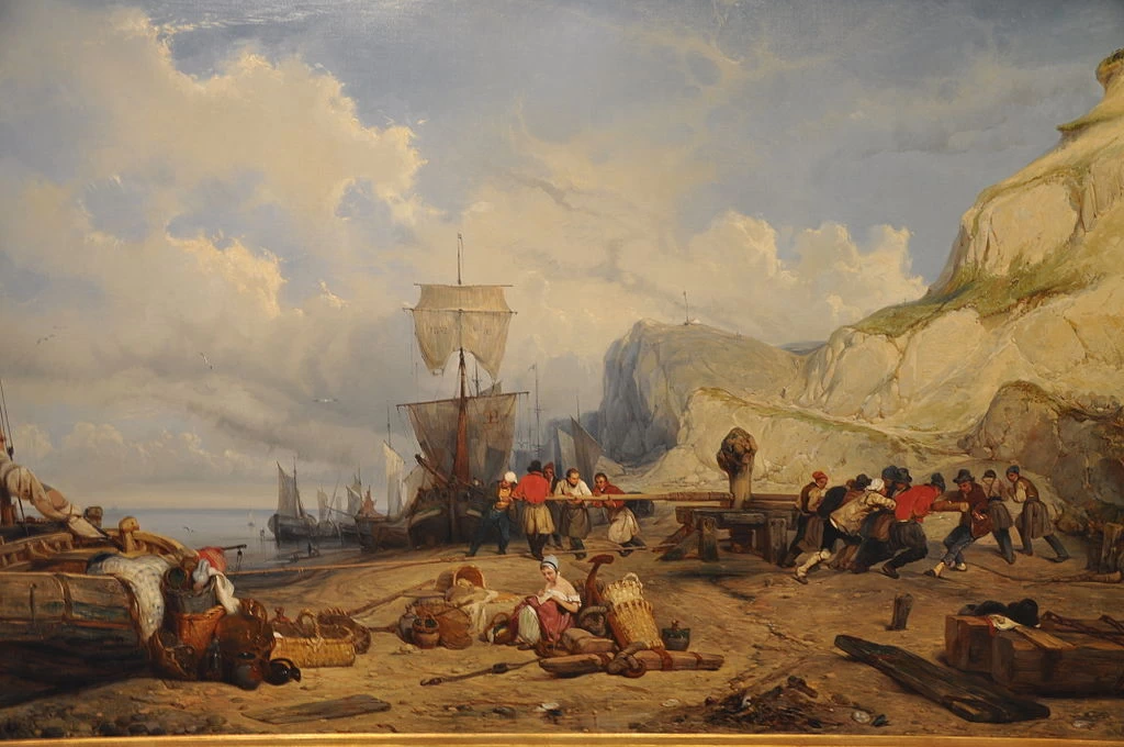 Pescatore che trasporta una barca a terra, Port - en, Bessin, Saint, Vaast, la, Hougue